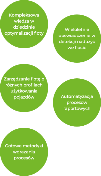 Kompleksowa wiedza w dziedzine optymalizacji floty. Wieloletnie doświadczenie w detekcji nadużyć we flocie.
			Zarządzanie flotą o różnych profilach użytkowania pojazdów. Automatyzacja procesów raportowych. Gotowe metodyki wdrażania procesów.